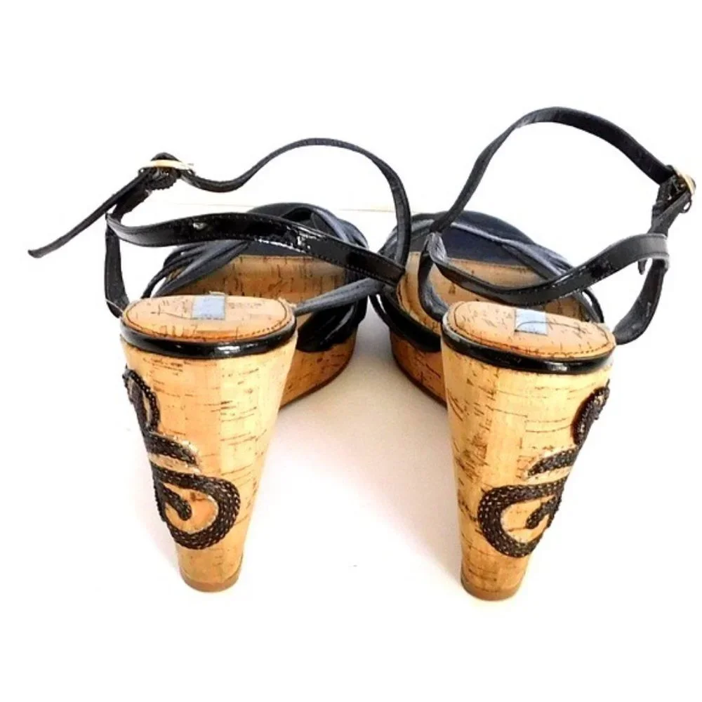 Bandolino Black Leather Embroidered Cork Wedges